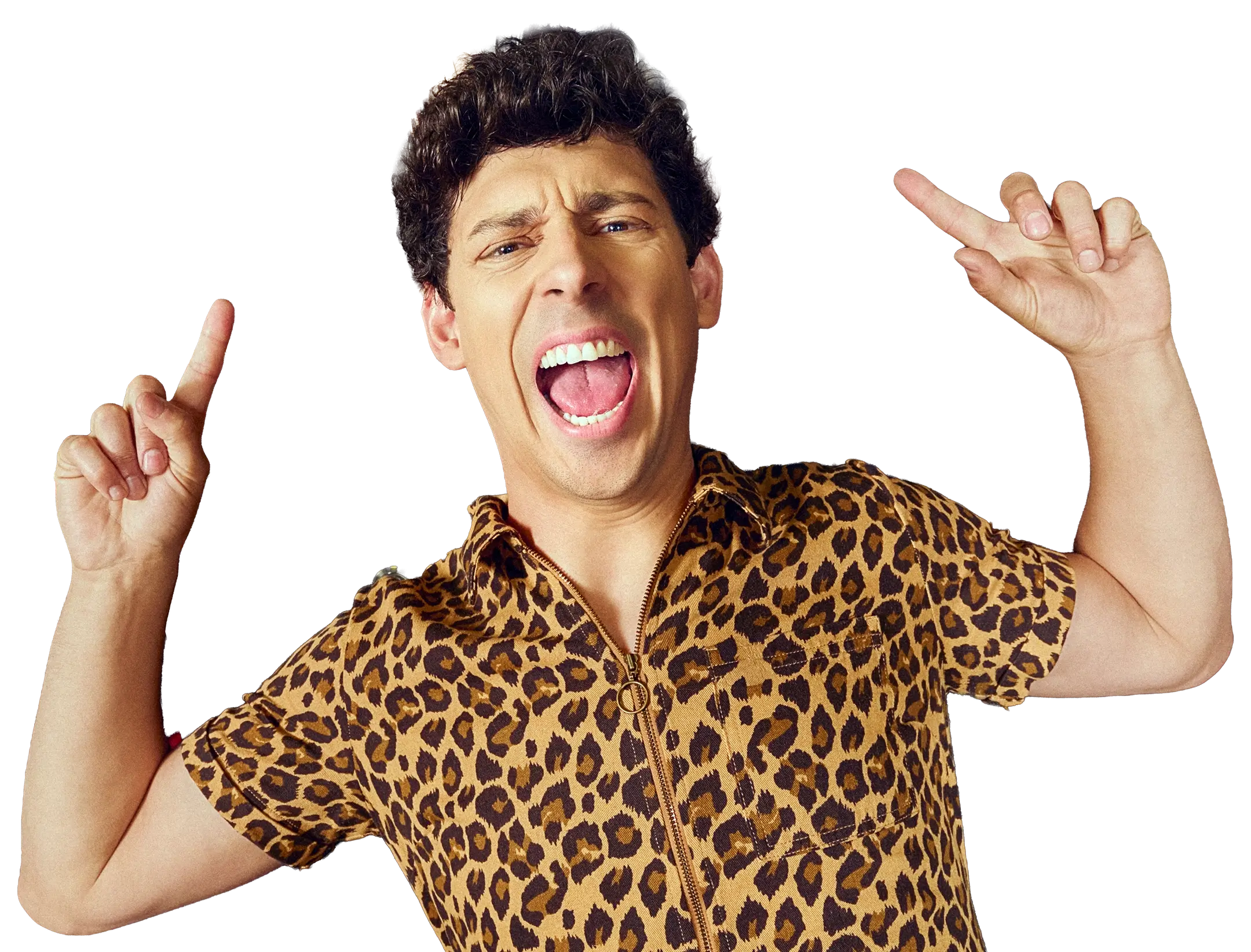 Matt pointing up with both hands, wearing a leopard print onesie